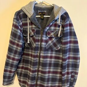Men’s Stanley flannel jacket with hood. Red/blue/white with Sherpa lining large